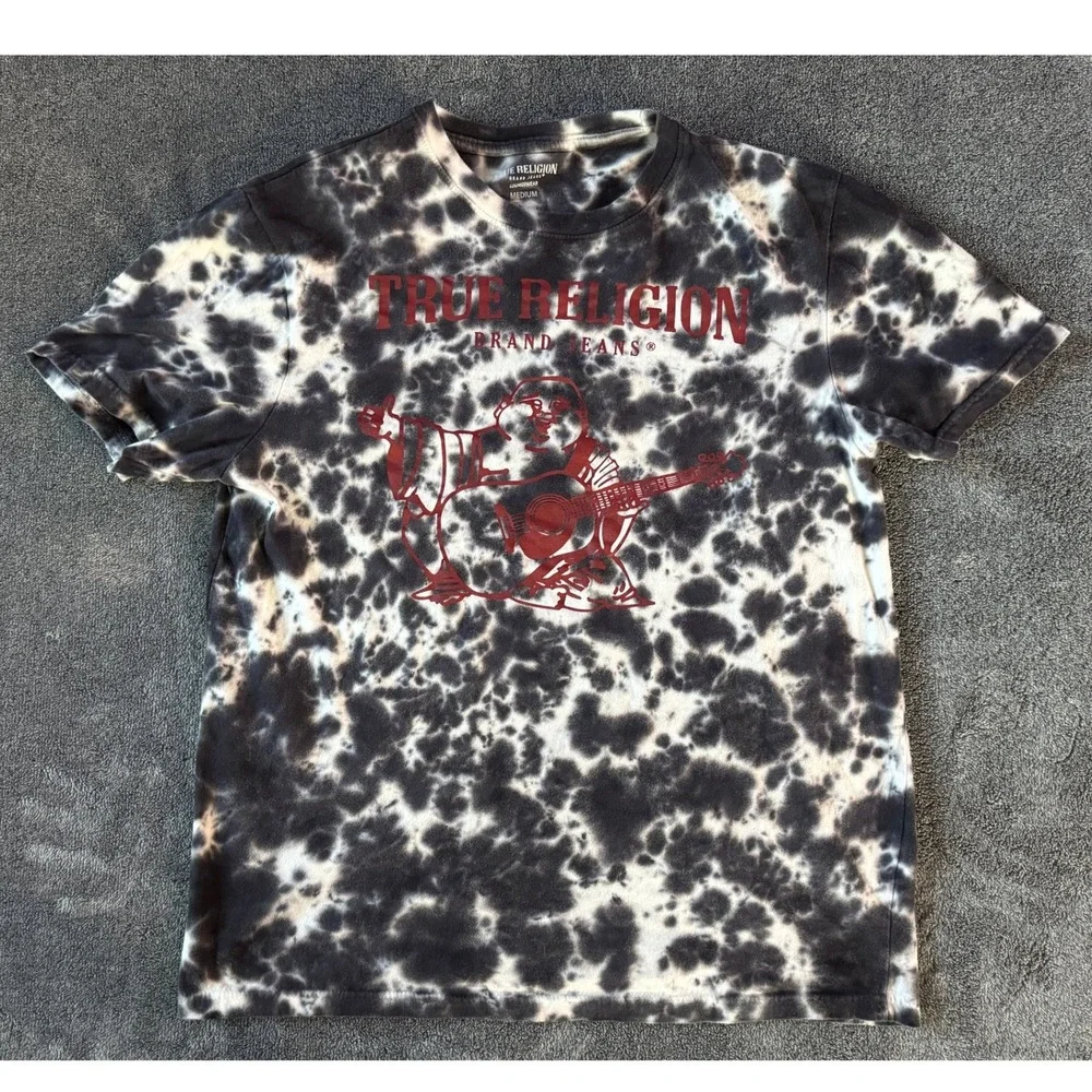 True Religion Mens Tie‎ Dye Buddha Guitar Graphic T-Shirt Black White Red Medium